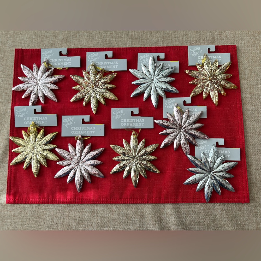 Lot of (9) metal Snowflake Christmas ornaments two sided 4 1/2”